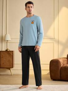 Men's Round Neck Long Sleeve Printed Simple Top And Long Pants Pajama Set - Mint Blue - View 4