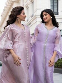 Al Najma Women's Bat-Sleeve Spliced Rhinestones Belted Elegant Turkish Style Dress Kaftan Jalabiya Dress - Mauve Purple - View 10