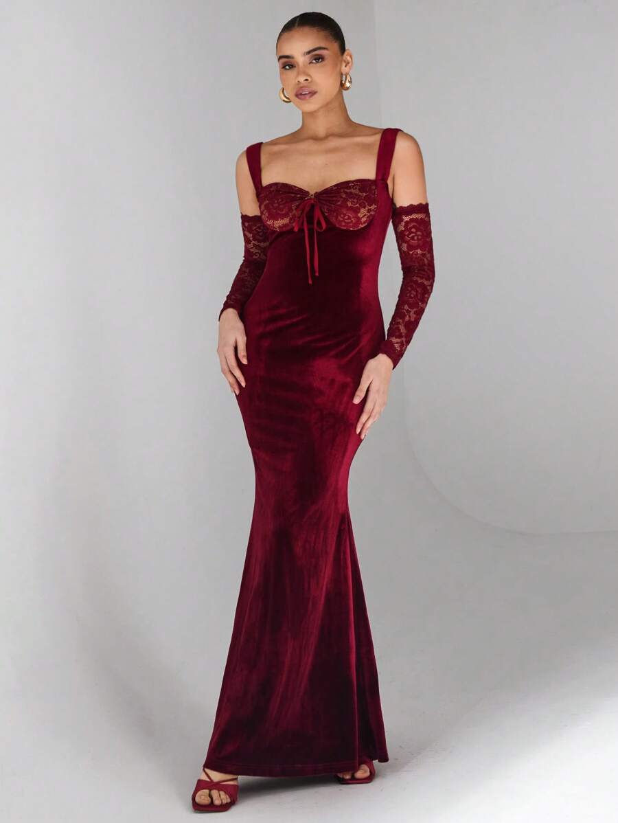 Glamine 全新勃艮第天鹅绒肩带蕾丝拼接长袖露背拉链修身长款针织四季高级美人鱼长款女士连衣裙、优雅舞会礼服、约会晚礼服、端庄晚宴装 - 酒紅色 - 查看 1