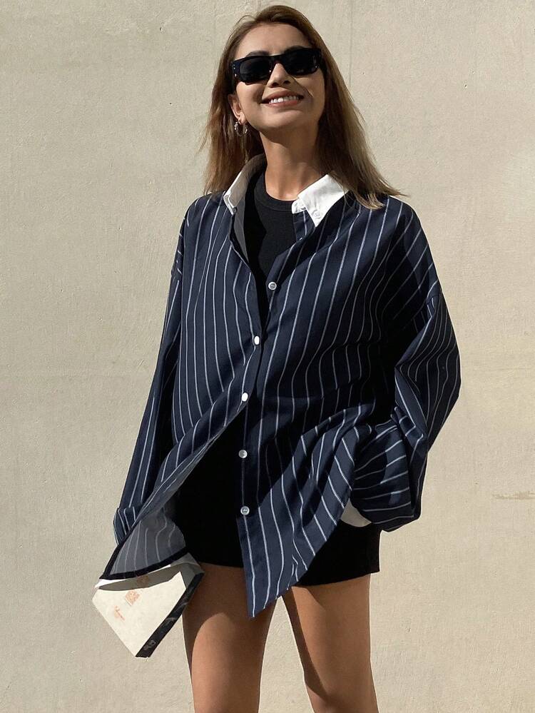 Women's Colorblock Striped Loose Long Sleeve Business Casual School Uniform Shirt