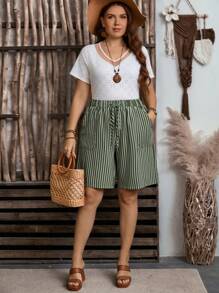 EMERY ROSE Shorts informales con bolsillos y nudo delantero para mujer de talla grande a rayas