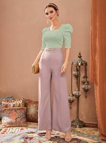 Modelyn T-shirt femme à col carré et manches bouffantes, rouge bourgogne