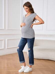 SHEIN Maternity Relaxed Fit Distressed High Waist Jeans - Dark Wash - View 6