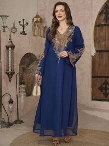 Layrah 高级女士优雅刺绣连衣裙，端庄 - 寶藍色 - 查看 5