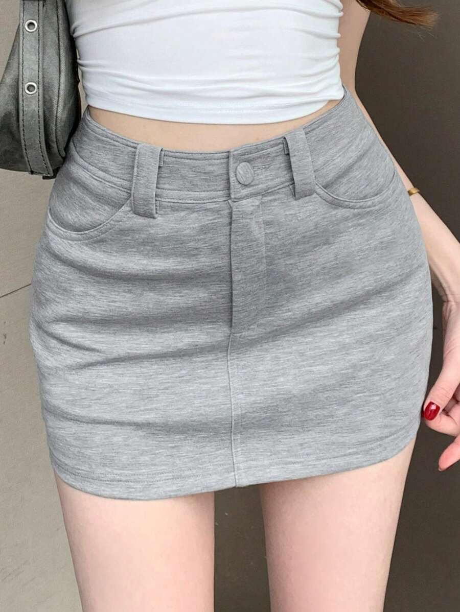 DAZY 女式前扣口袋纯色修身及膝长裙，日常休闲，铅笔裙 - 灰色 - 查看 1