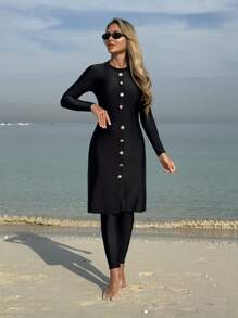 Swim Shayni 女士优雅度假连体黑色保守泳衣，适合夏季海滩 - 黑色 - 查看 4