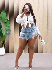 Slaydiva Camisa suelta de talla grande para mujer con textura, para vacaciones, con espalda descubierta