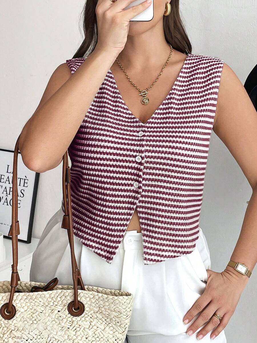 SHEIN Frenchy Plus Size Front Button Sleeveless Striped Casual Tank Top, Suitable For Vacation - Burgundy - View 1