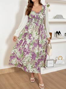 SHEIN Frenchy Robe de femme grande taille élégante et romantique avec impression de surpiqûre, bordure de taille, couleur bloc, col V en mousseline, modeste, convient pour la Saint-Valentin