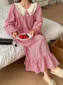 DAZY Jolie chemise de nuit à manches volantées à carreaux avec volants - Rouge - Voir 1