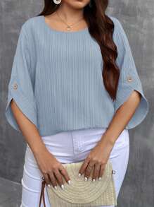 SHEIN LUNE Plus Size Solid Color Round Neck Short Sleeve Button-Up Casual Shirt - Baby Blue - View 4
