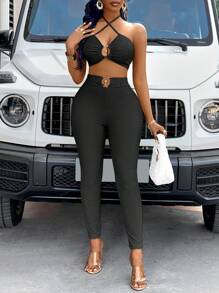 VaVaBold 女士性感环扣短款背心和裤子套装