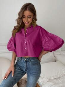 Aveloria Rosie Drop Bishop Sleeve Single Breasted Blouse   Old Money Style For Summer - Red - View 6