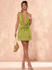 SHEIN BAE Vestido deslizante sexy con escote pronunciado y bordado floral para mujer, ideal para playa, vacaciones, resort y primavera