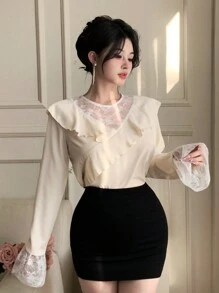 DAZY 女士蕾丝拼布荷叶边下摆长袖休闲衬衫，秋季女装 - 杏色 - 查看 3