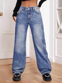 SHEIN EZwear Women's Straight Loose Casual Denim Jeans With Pockets