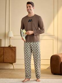 Manfinity Underwear&Sleepwear Basics Men's Letter Printed Top And Pants Sleepwear Set - Mocha Brown - View 8
