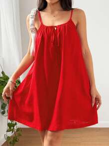 SHEIN EZwear Pure Linen Casual Summer Holiday A-Line Spaghetti Strap Mini Dress - Red - View 6