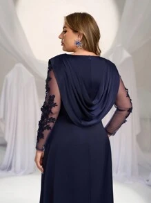SHEIN Belle Vestido largo de noche elegante, lujoso y vintage con manga larga, cuello en V con aplicaciones, plisado y ajustado para tallas grandes - Vestido de fiesta, para invitada de boda, vestido de noche
