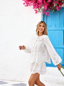 SHEIN VCAY 2pcs/Set Women Solid Color Loose Chiffon Long Sleeve Shirt & High Waist Loose Shorts Set, Holiday Style