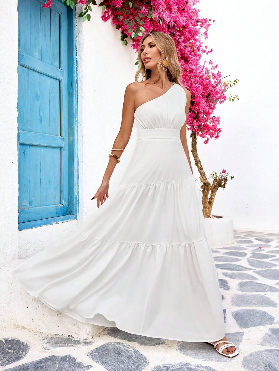 Vivid Eden White One-Shoulder Ruched A-Line Dress For Beach, Picnic, Party, Date, Spring/Summer (Lined, Non-Sheer)Spring And Summer Outfits,Summer Clothes,Valentine Day,Vacation Outfits Woman,Beach Outfits For Woman, Festival,Romantic And Elegant Clothing,Bohemian,BOHO, Sweet,Coquette,Rave Outfits Festival,Tropical Vacation Woman Clothes,Carnival - White - View 1