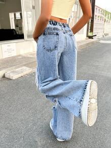 SHEIN Teen Girls Y2K Low Rised Rave 90s Ligh Washed Street Slant Pocket Ripped Cut Out Baggy Straight Leg Jeans,Vacation Outfits Girls - Light Wash - View 2
