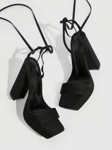 CUCCOO LuxiPop 女士时尚黑色面料系带性感厚底粗高跟凉鞋，适合约会、聚会、派对、节日