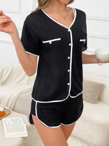 3 Pcs/Set Casual Love Letter Pattern Contrast Trim Women's Pajama Set - Black - View 3