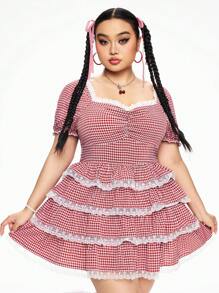 ROMWE Kawaii Vestido de mujer talla grande de verano con mangas abullonadas, estampado de cuadros y dobladillo con volantes multicapa - Rojo - Ver 7