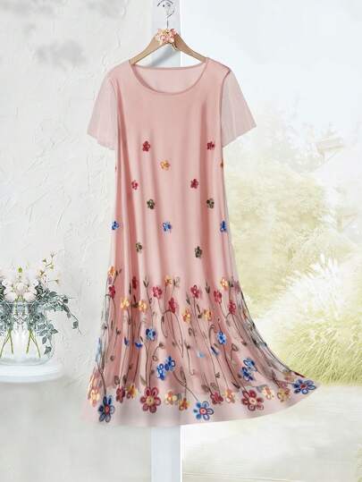 EMERY ROSE 大码女式花卉刺绣网眼短袖连衣裙