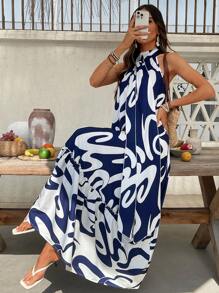 SHEIN VCAY Woven Print Open Shoulder Dress For Women