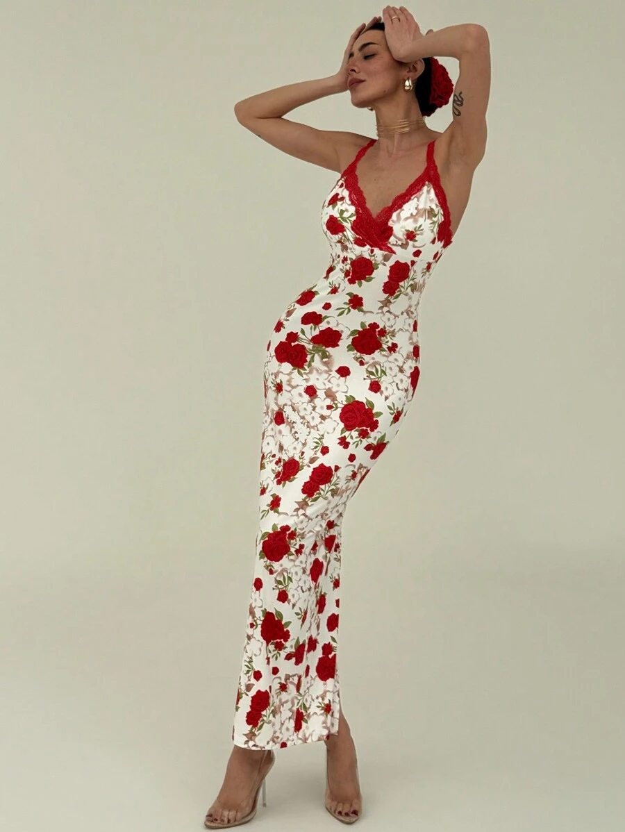 Aloruh Women's Lace Patchwork Slim-Fit Elegant Romantic Long Dress,Summer DressesSpring Clothes Vacation Red And White