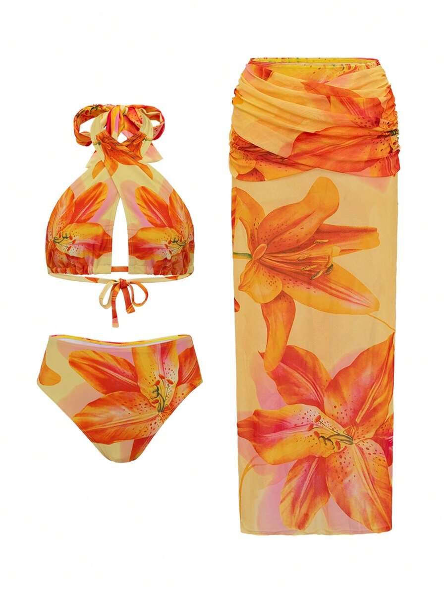 Swim Oasis 3 件套女士泳衣套装：针织印花交叉露背泳衣上衣、高腰泳裤和彩色印花长款荷叶边沙滩裙