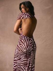 Musera Resort Asymmetric Neck Short Sleeve Print Chiffon Fitted Maxi Cover Up Beach Dress Swim Vacation Spring Summer Elegant Sexy Beach Resort Ibiza Swim Acai Fall Winter