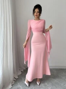 Elenzga Abito elegante da donna con collo rotondo, tinta unita, con spacco e maniche lunghe