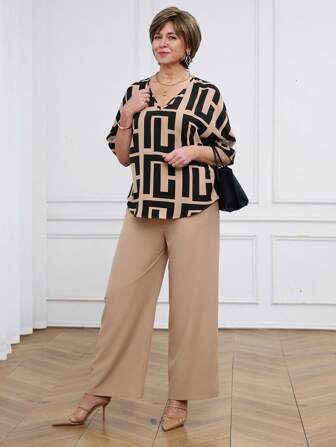 Miaspire Women's Geometric Print Short Sleeve Top And Pants Set