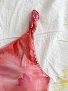 Soleia Vacation Asymmetrical Shoulder Tie-Front Design Elastic Knit Mesh Tie Dye Ruched Summer Top - Multicolor - View 5