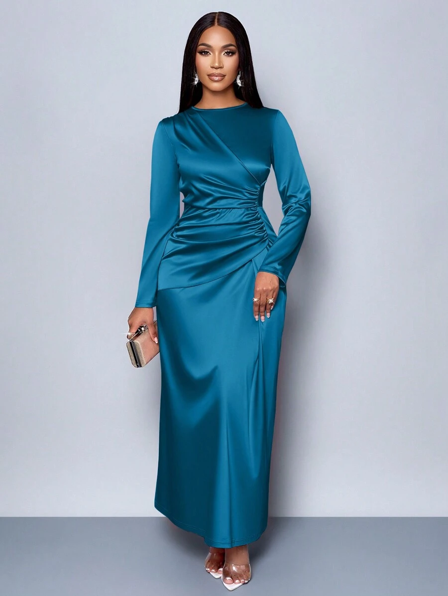 SOLERSUN Đầm ôm body bằng vải satin nhún bèo màu trơn thanh lịch dành cho nữ, thích hợp cho trang phục dự tiệc hẹn hò Maxi dành cho nữ - Màu xanh ngọc - Xem 1