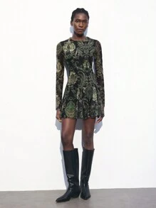 Maija 佩斯利图案全印花 2025 夏季新款都市现代优雅日常休闲绿色腰果花女士迷你连衣裙适合外出度假派对节日派对音乐节老钱波西米亚 90 年代女装 - 彩色 - 查看 7