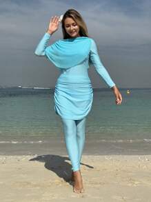 SHEIN Swim Mulvari 女士简约褶皱可爱布基尼套装，修身精致，适合度假，适合夏季海滩阿拉伯服装 - 藍色 - 查看 3
