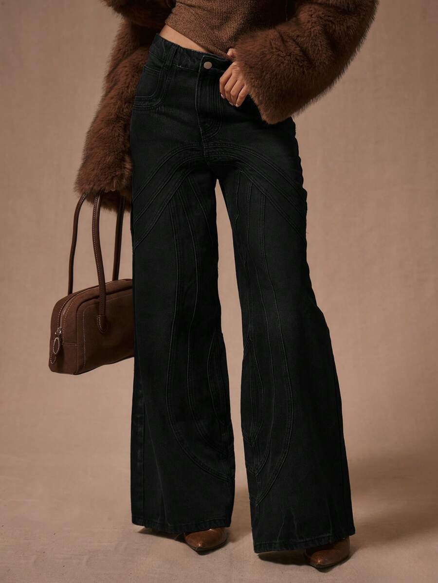 MUSERA Stitching Loose Fit Jeans Spring Summer Cute Casual 90's Y2k Concert Fall Autumn Winter Everyday Work Office  Chic - Black - View 1