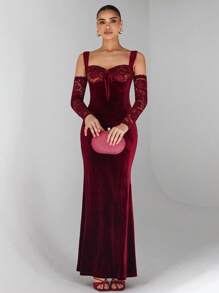 Glamine 全新勃艮第天鹅绒肩带蕾丝拼接长袖露背拉链修身长款针织四季高级美人鱼长款女士连衣裙、优雅舞会礼服、约会晚礼服、端庄晚宴装 - 酒紅色 - 查看 5