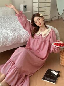 DAZY Jolie chemise de nuit à manches volantées à carreaux avec volants - Rouge - Voir 5