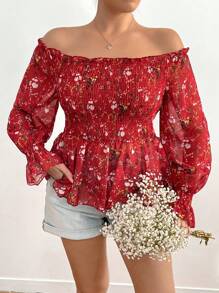 Sunnyshic Blusa evasé con hombros descubiertos, mangas abullonadas de gasa y estampado