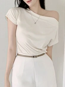 DAZY Áo thun nữ tay ngắn cổ rộng phong cách Pháp, áo trễ vai - Màu be - Xem 6