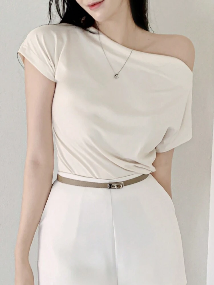 Women's French Style Loose Cowl Neck Short Sleeve T-Shirt,Off Shoulder Top