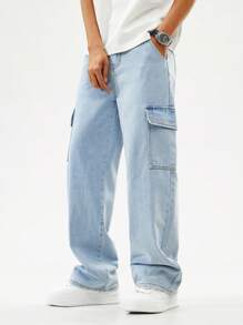 SHEIN Teen Boys' Outdoor Casual Versatile Comfortable Light Washed Blue Cargo Jeans With Elastic Waistband, School, Campus, College