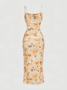 SHEIN MOD Women's Butterfly Print Romantic Cute Maxi Dress