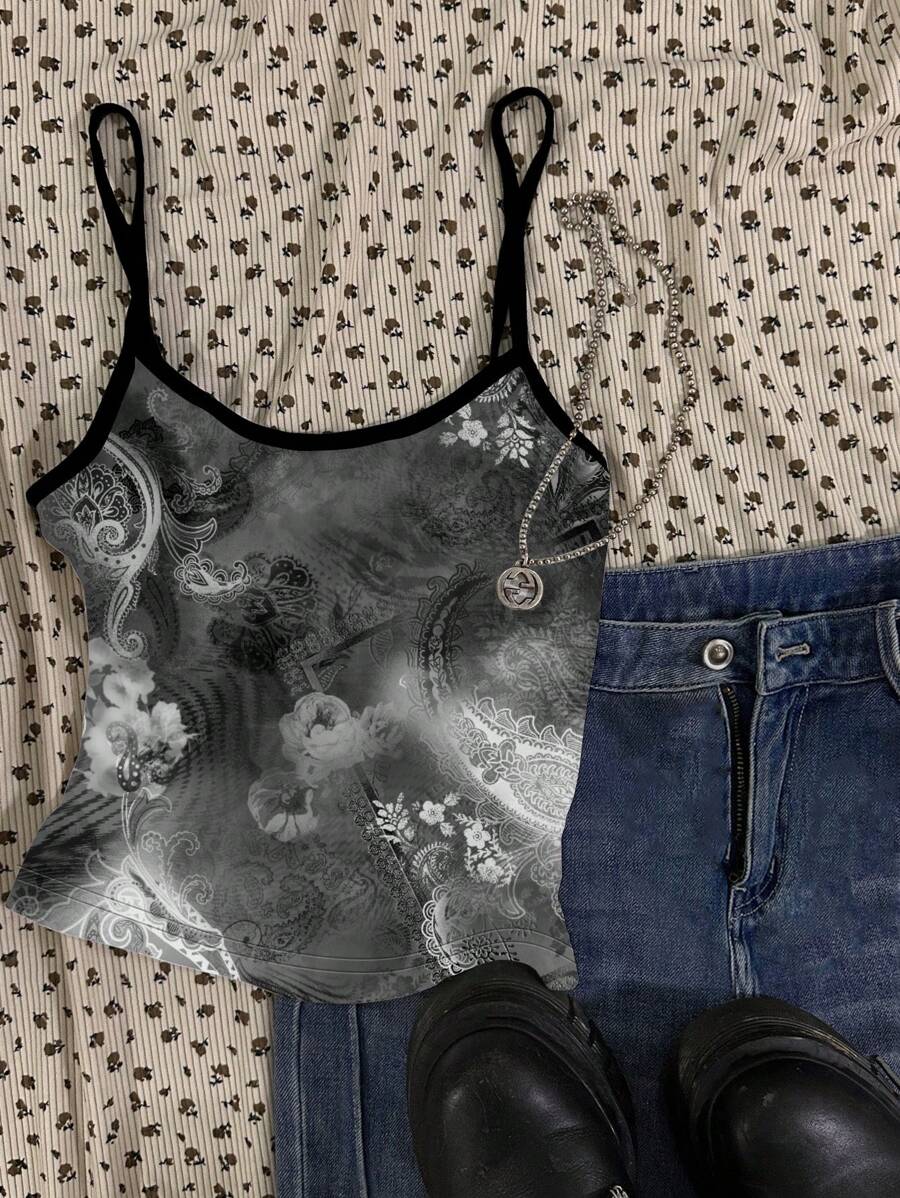 SHEIN EZwear 女士休闲水墨画图案性感吊带背心,适合夏季 - 白色 - 查看 1