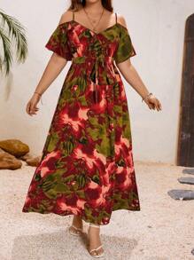 SHEIN VCAY Vestido de verano romántico con hombros abiertos y estampado floral para mujer de talla grande - Multicolor - Ver 3